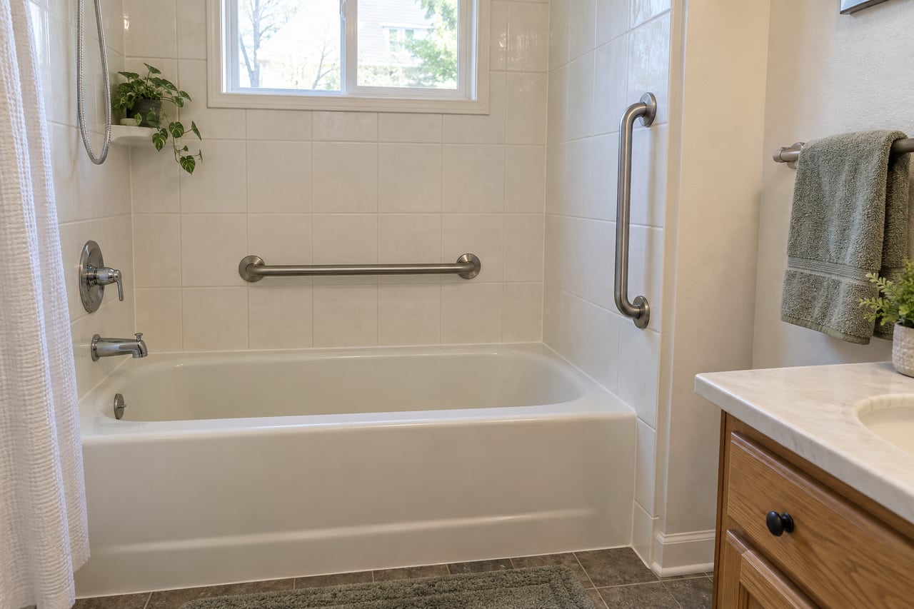 Illustrative bathroom with fixed grab bars beside a bathtub